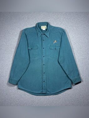 Vintage Chamois Button Down Shirt Mens Size L Teal USA Embroidered Duck Hunting